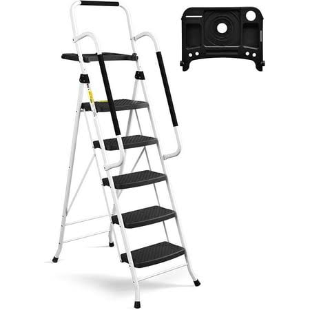 HBTower Folding 5-Step Ladder, 330lbs, with Handrails and Tool Tray and Anti-Slip Pedal, White