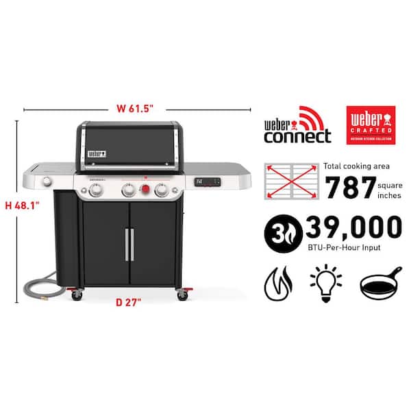 Genesis EPX-335 3-Burner Natural Smart Gas Grill in Black with Side Burner