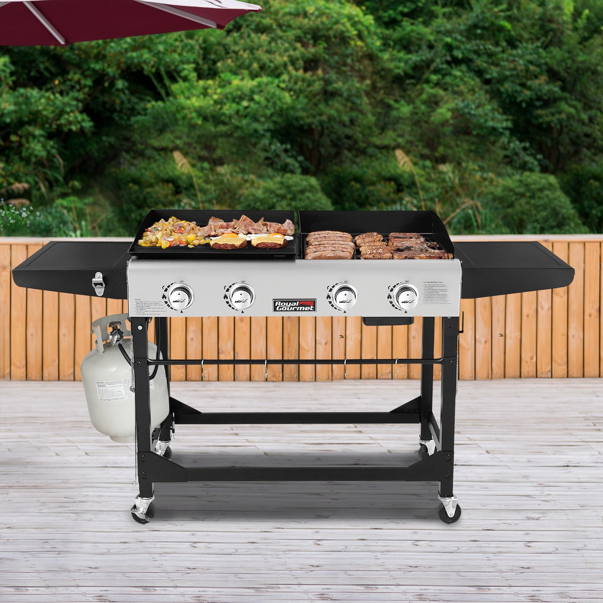Gourmet GD401C Premium 4-Burner 48000-BTU Folding Gas Grill and Griddle. With Cover
