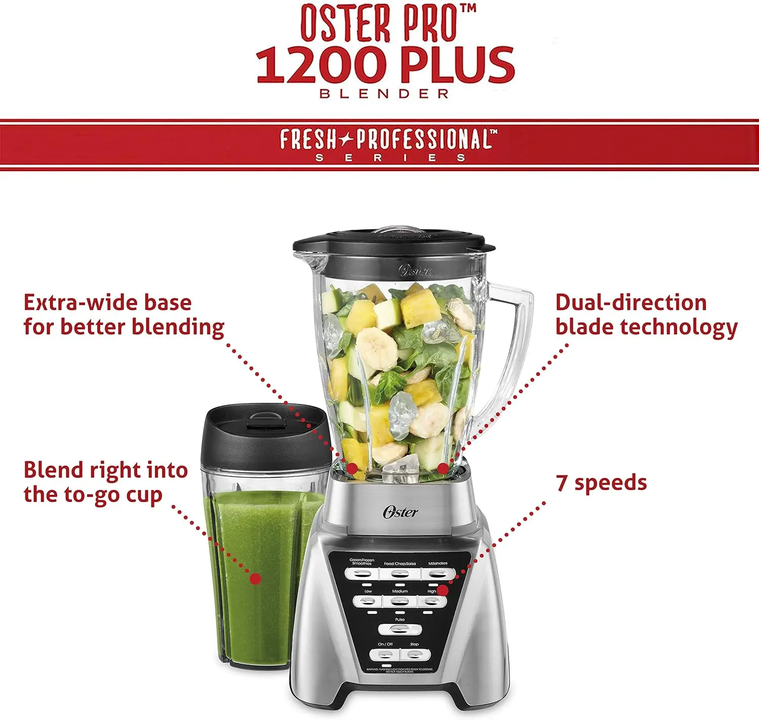 Oster Blender | Pro 1200 with Glass Jar. 24-Ounce Smoothie Cup. Brushed Nickel