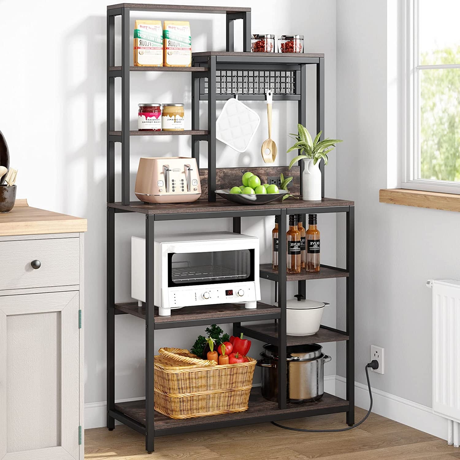 Bakers Rack with Power Outlet. 9-Tier Microwave Stand with Hutch. Kitchen Utility Storage Shelf with 8 S-Hooks. Industrial Coffee Bar Station for Living Room - Rustic Brown