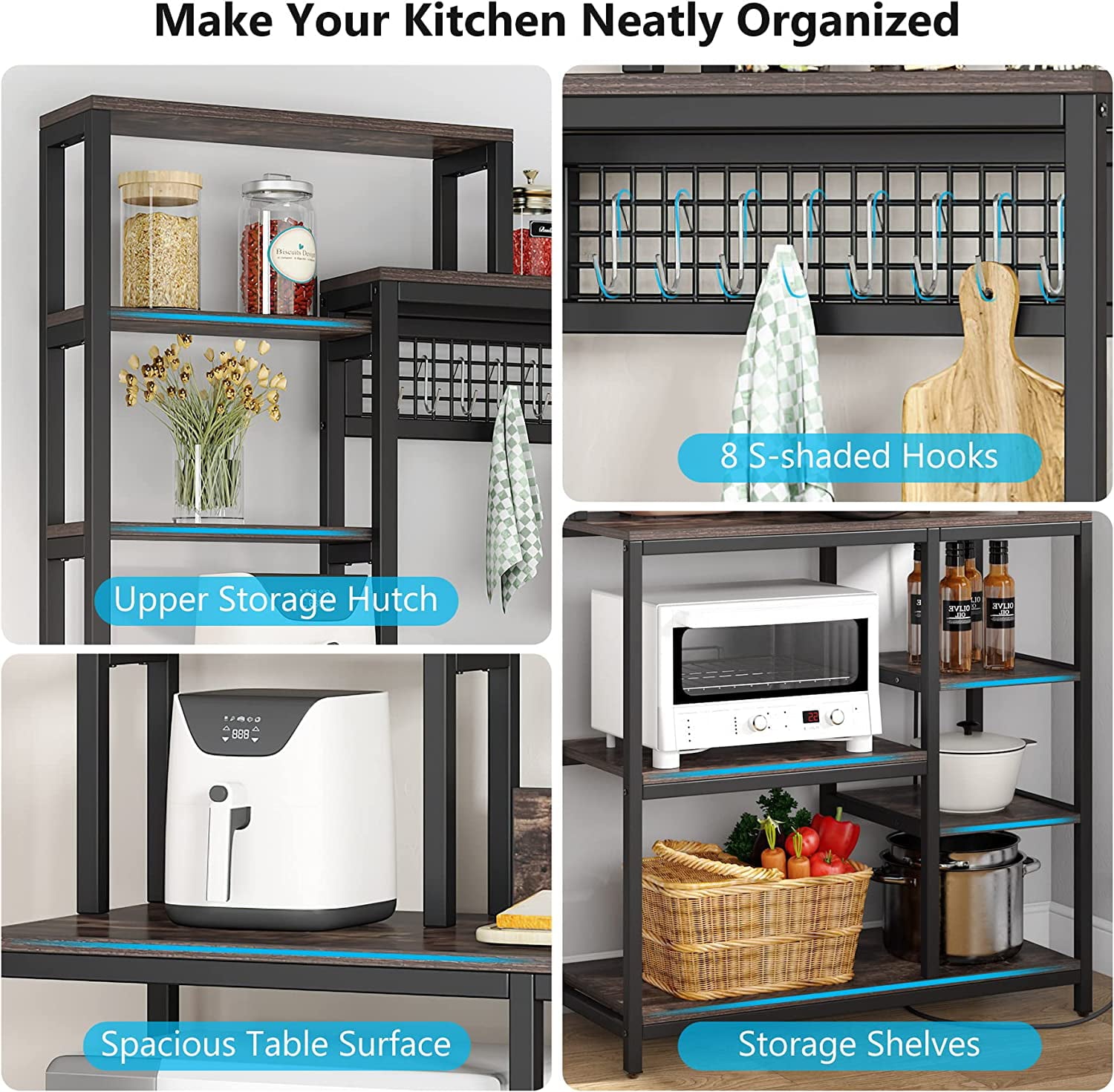 Bakers Rack with Power Outlet. 9-Tier Microwave Stand with Hutch. Kitchen Utility Storage Shelf with 8 S-Hooks. Industrial Coffee Bar Station for Living Room - Rustic Brown