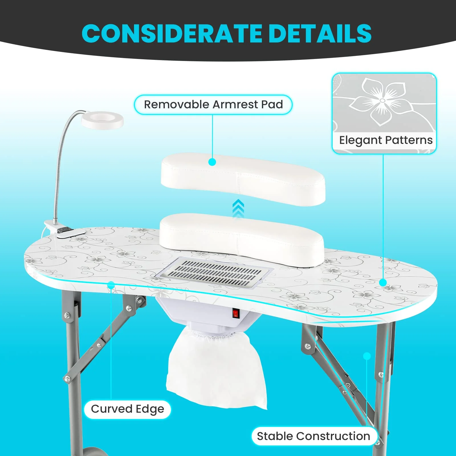 LDAILY Portable Nail Table with Electric Dust Collector