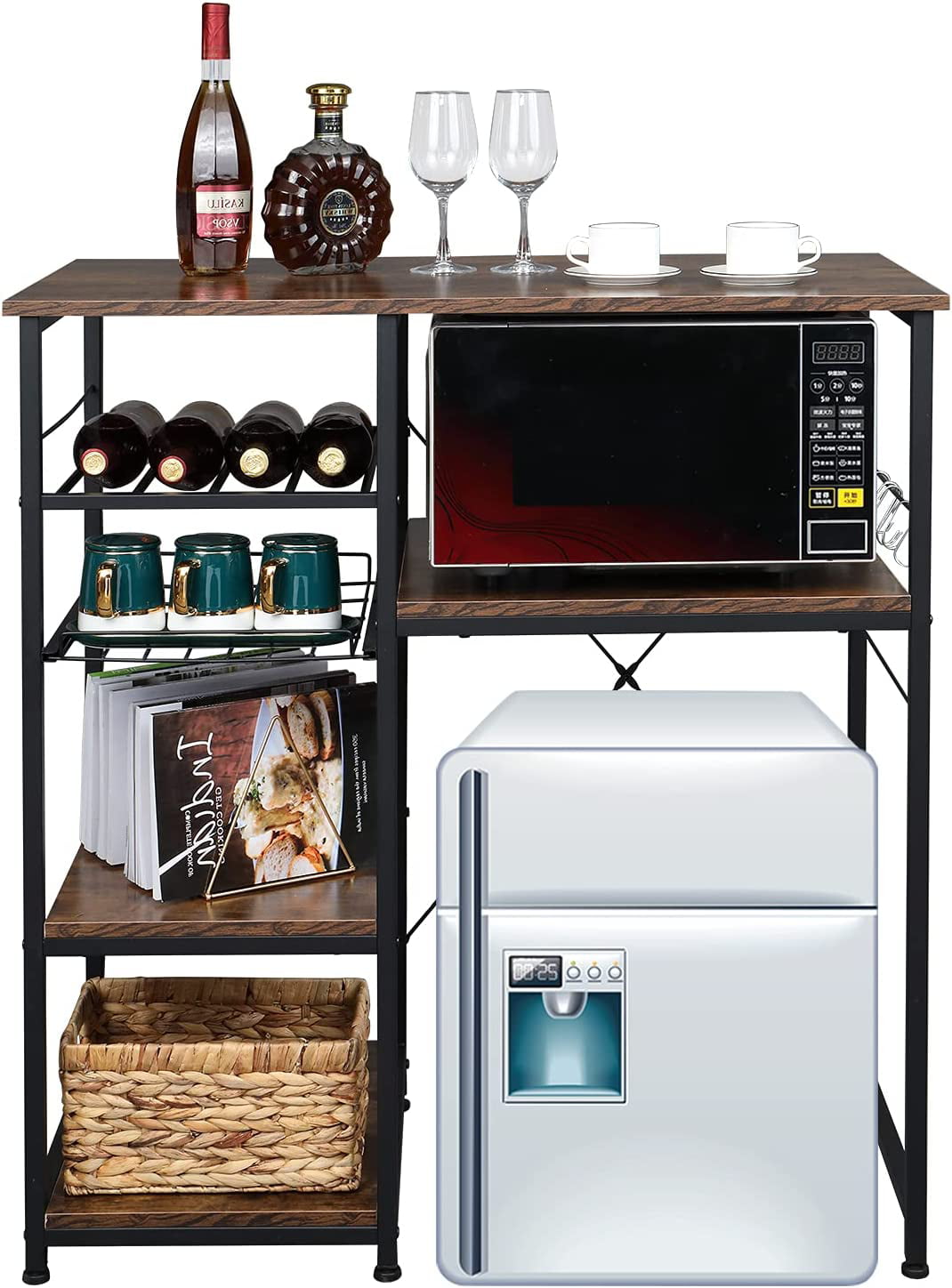 Microwave Stand 4-Tiers Kitchen Storage Fit Mini Fridge Baker��s Rack Shelving Utility Coffee Bar with Big Drawer Wine Rack Metal Frame Industrial Workstation Organizer Kitchen Decor
