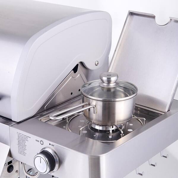 4-Burner Propane Gas Grill in Stainless with Clear View Lid. LED Controls and Side Burner