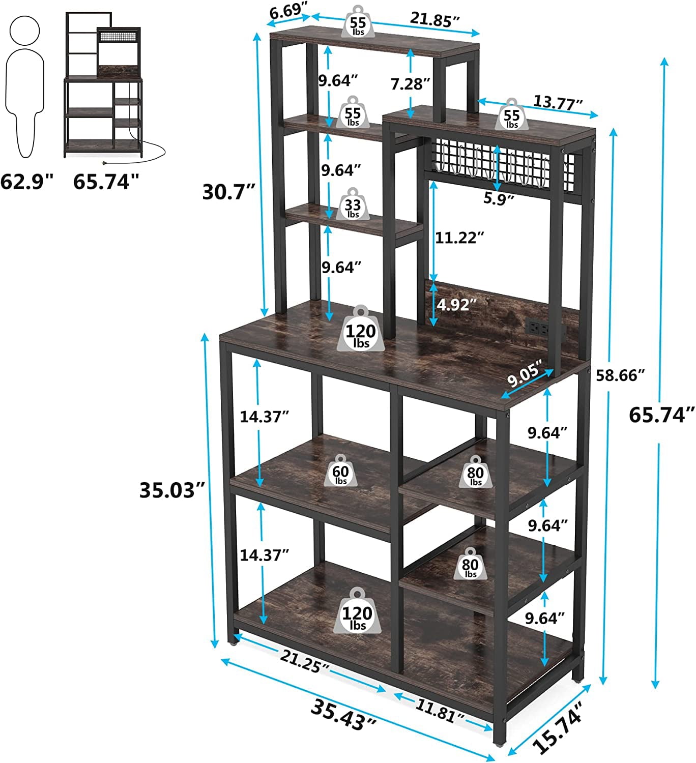 Bakers Rack with Power Outlet. 9-Tier Microwave Stand with Hutch. Kitchen Utility Storage Shelf with 8 S-Hooks. Industrial Coffee Bar Station for Living Room - Rustic Brown