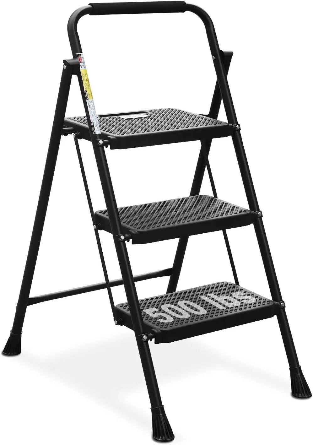 HBTower 3 Step Ladder, Folding Step Stool with Wide Anti-Slip Pedal, 500lbs Sturdy Steel Ladder, Convenient Handgrip, Lightweight, Portable Steel