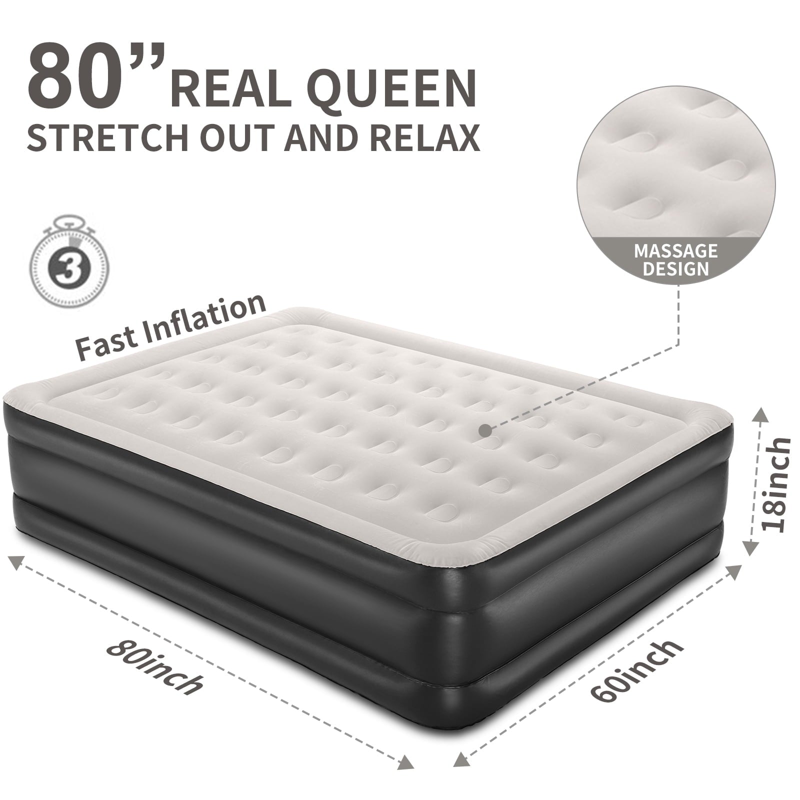 US 18 inch Queen Size Air Mattress with Built-in-Pump. Black