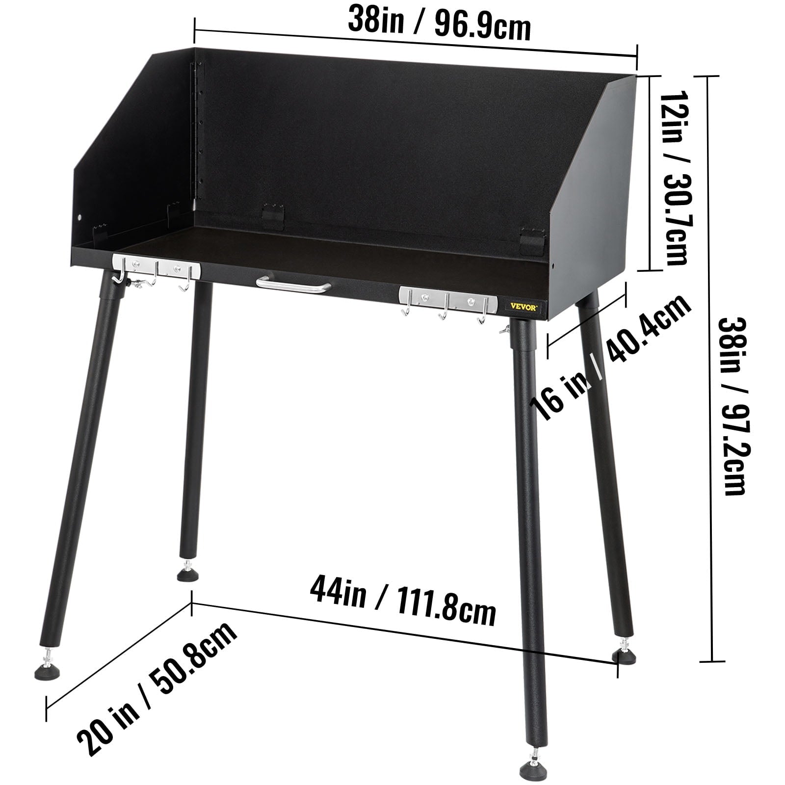 Carbon Steel Camp Cooking Table 38 x 16 inch with Three-Sided Windscreen and Legs for Outdoor Food Preparation and Dutch Oven