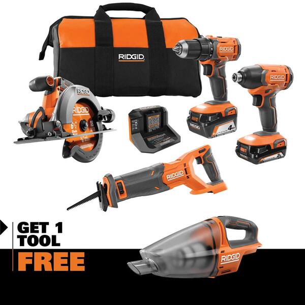 18V Cordless 4-Tool Combo Kit with 4.0 Ah Battery. 2.0 Ah Battery. Charger. Bag and 18V Hand Vacuum