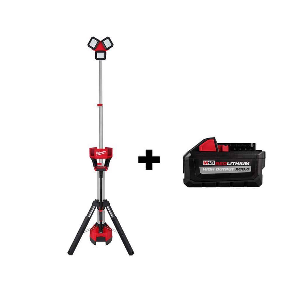 Milwaukee 2136-20-48-11-1880 M18 18-Volt Lithium-Ion Cordless 6,000 Lumens Rocket Dual Power Tower Light with Charger with (1) XC 8.0 Ah Battery