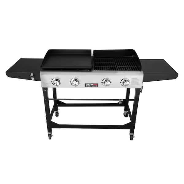 4-Burners Portable Propane Gas Grill and Griddle Combo Grills in Black with Side Tables