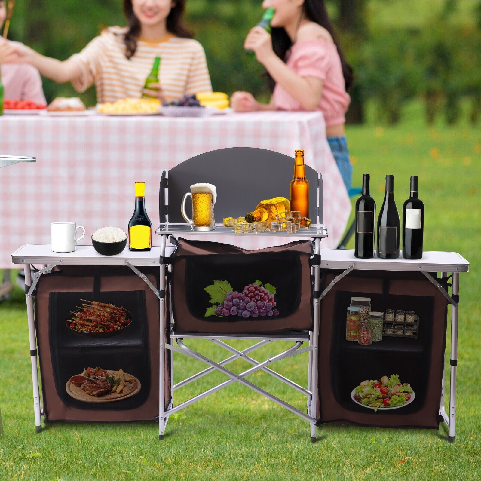 Folding Camping Kitchen Table with Storage Portable Outdoor Cooking Table with Aluminium Windscreen Kitchen Station with 2 Side Tables for BBQ Grill Picnics Brown