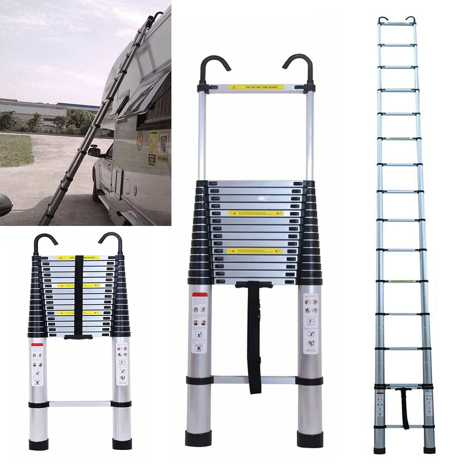 Telescoping Ladder 20ft Extension Ladder with 2 Detachable Hooks Aluminum Telescopic Ladder Collapsible Ladder Fully Extended 244