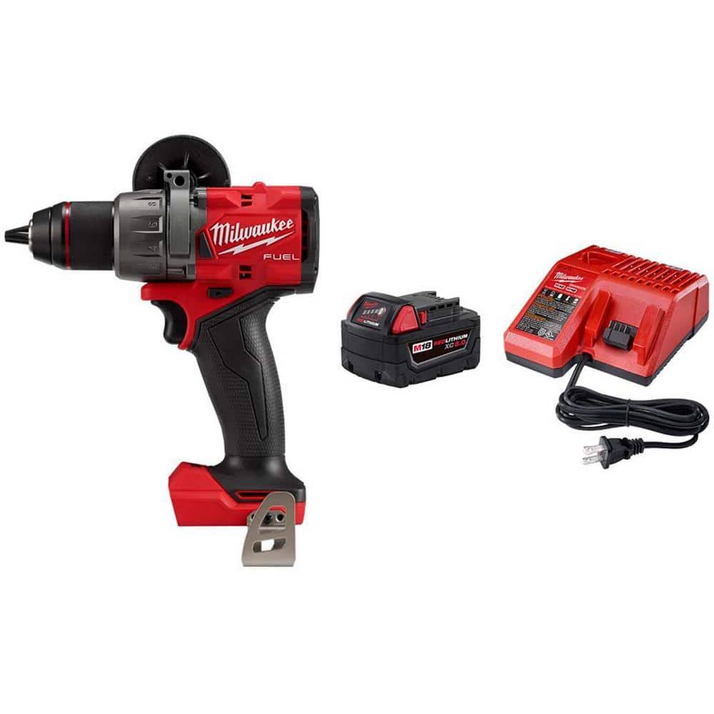 Milwaukee 2904-20-48-59-1850 M18 Fuel 18-Volt Lithium-Ion Brushless Cordless 1/2 in. Hammer Drill/Driver with (1) 5.0Ah Battery and Charger