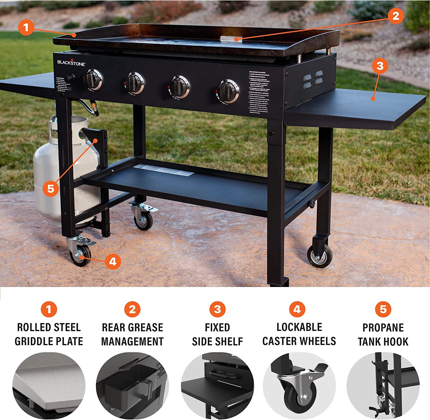 36 Inch Gas Griddle Cooking Station 4 Burner Flat Top Gas Grill Propane Fuelled Restaurant Grade Professional 36�� Outdoor Griddle Station with Side Shelf (1554)