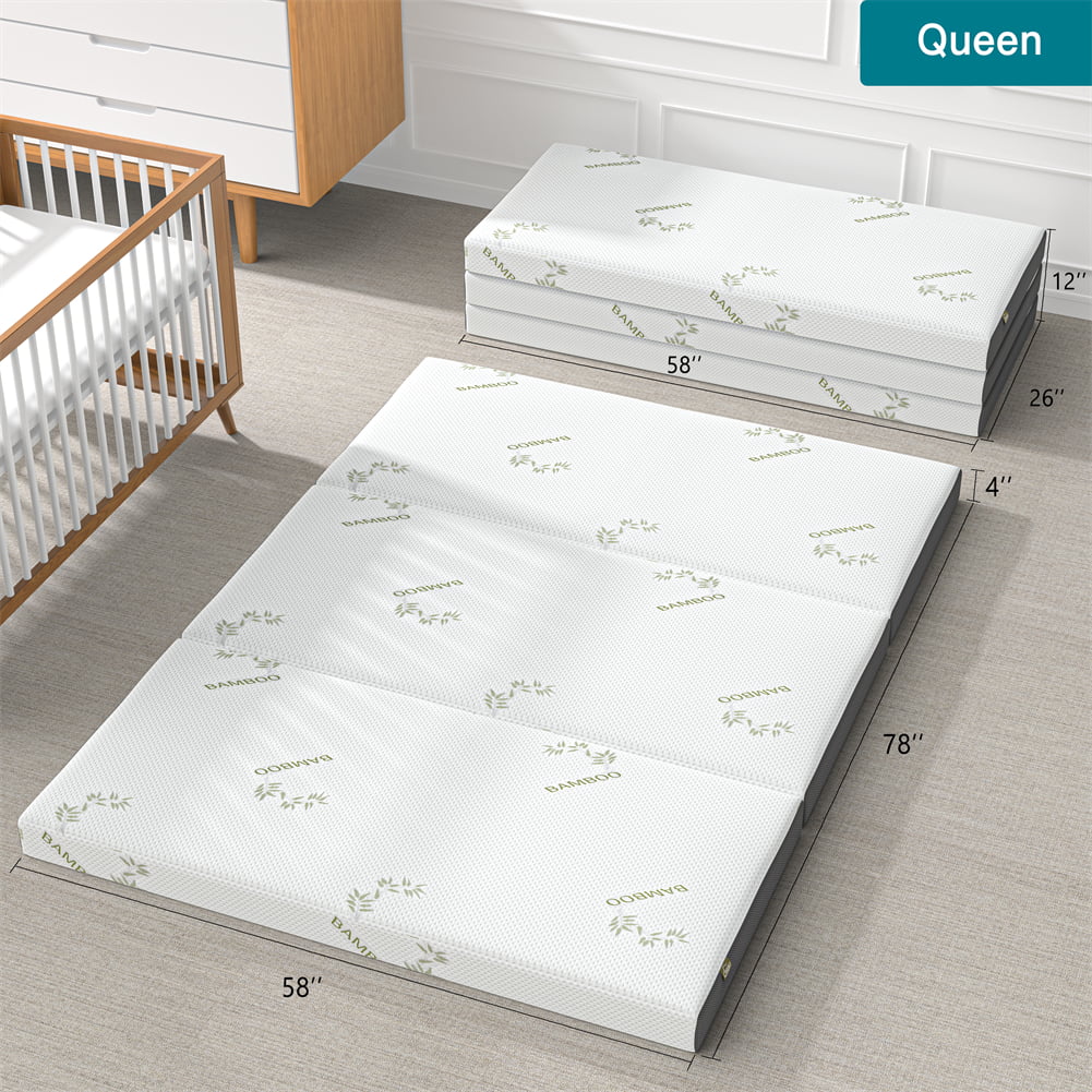 4 Inch Folding Mattress. Portable Trifold Gel Memory Foam Fold Mattresses. Guest Bed. Queen
