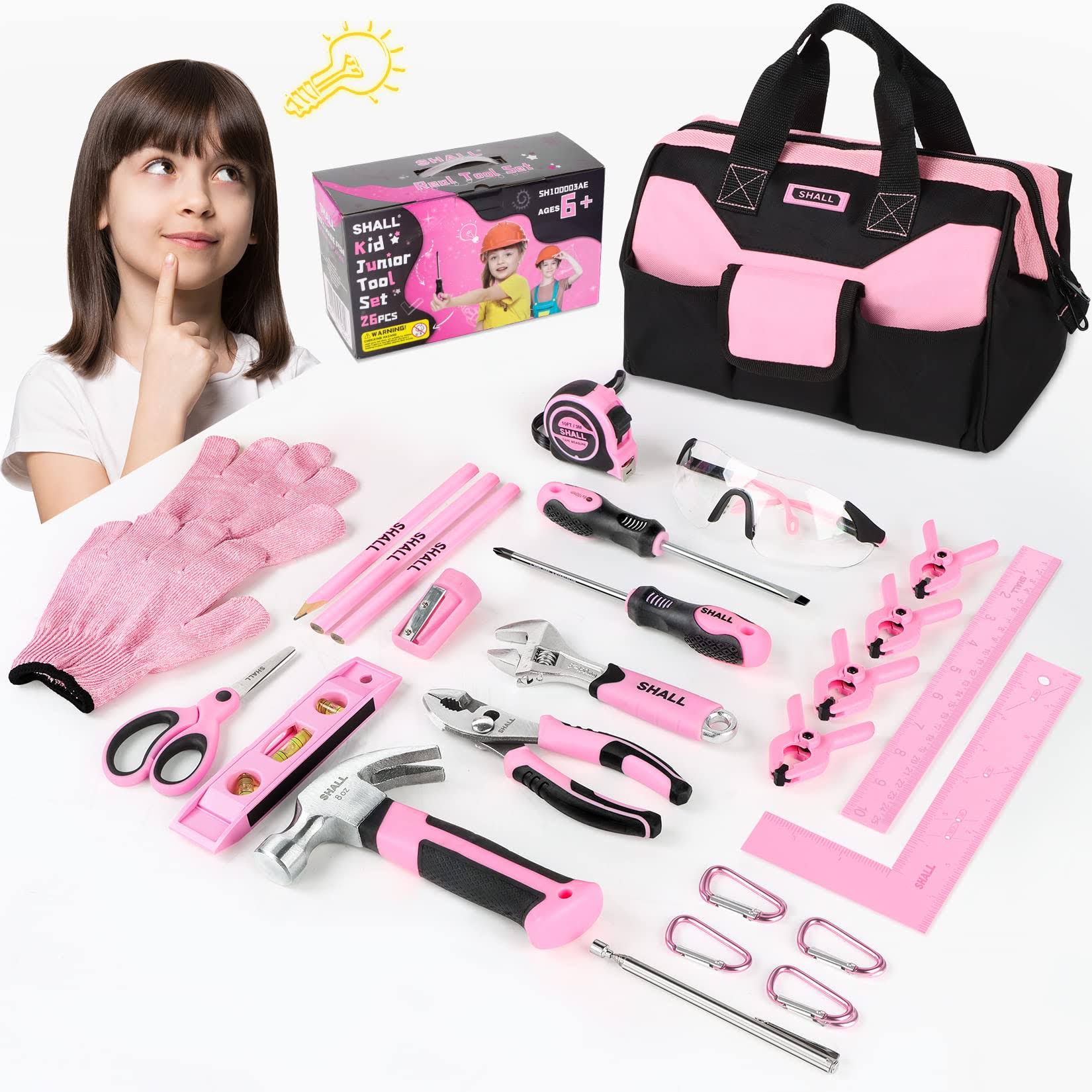 Shall 26-Piece Kids Size Tool Set, Pink Real Tools for Kids with 12