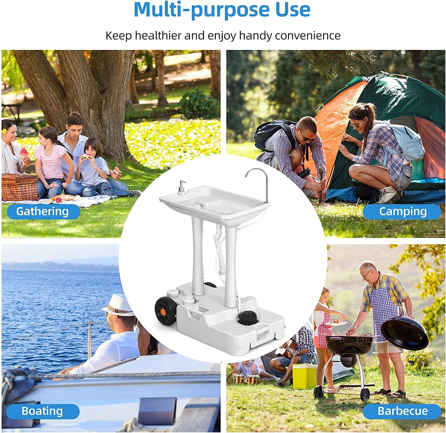 Portable Camping Sink with Rolling Wheels. Hand Washing Station with 30 L Water Capacity. Soap Dispenser. Towel Holder. Ideal for Outdoor