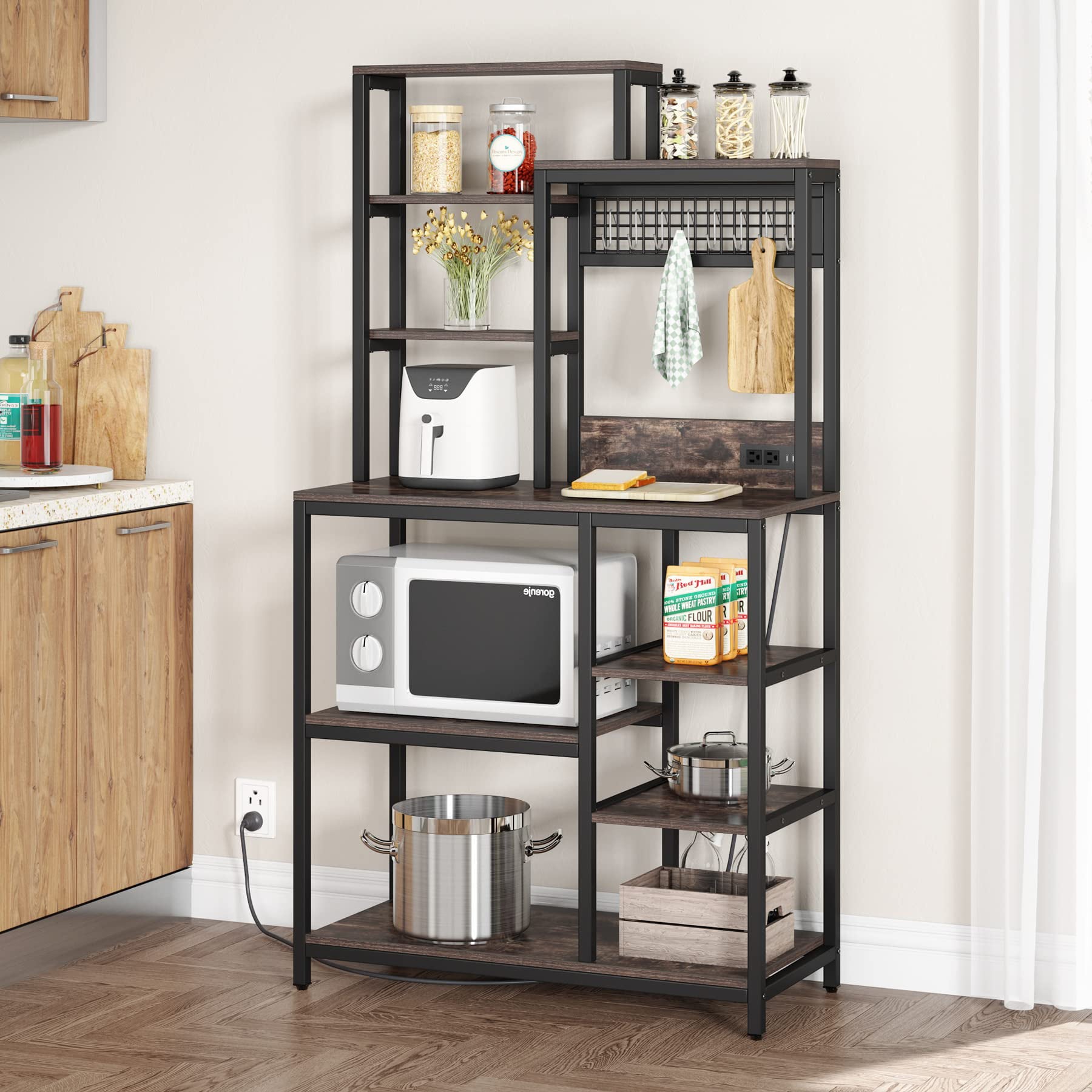 Bakers Rack with Power Outlet. 9-Tier Microwave Stand with Hutch. Kitchen Utility Storage Shelf with 8 S-Hooks. Industrial Coffee Bar Station for Living Room - Rustic Brown