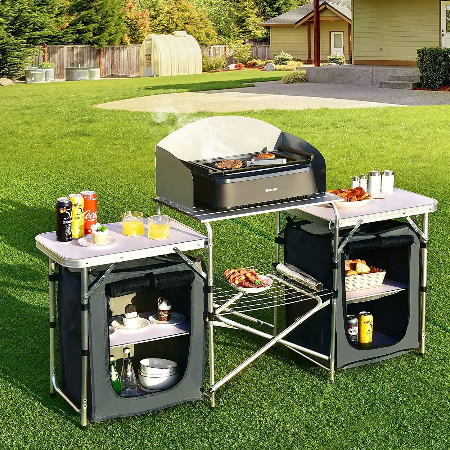 Camping Kitchen Table with Storage. Aluminum Portable Outdoor Cooking Table with Windscreen. Foldable Camp Table Cook Station for BBQ. Grill. Party. Picnics