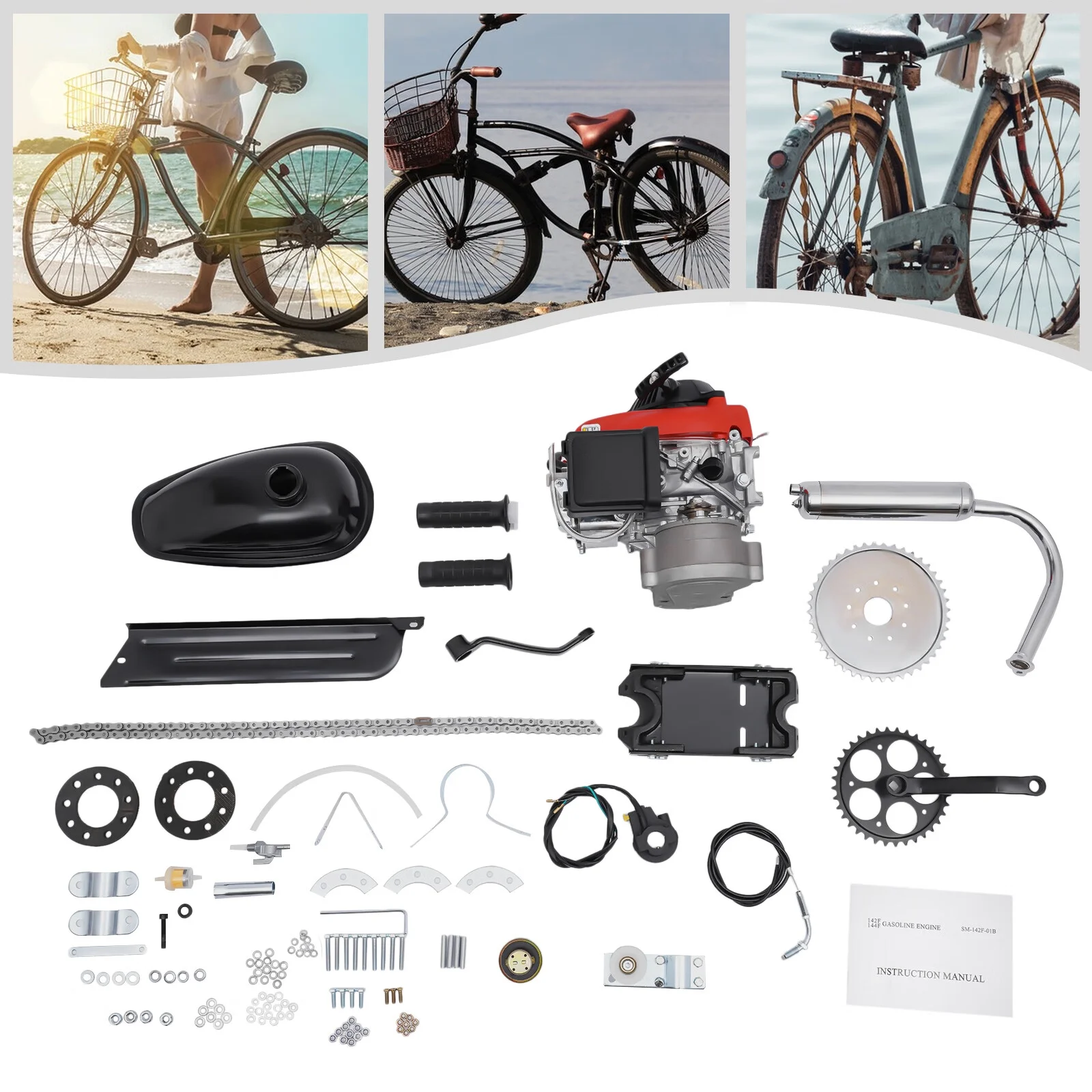 Anqidi Full Set 4-Stroke 53CC Bicycle Engine Kit Gas Motorized Bike Electric Bicycle Engine Motor Complete Kit Gasoline Powered Engine TCI Ignition 1.5KW 6800Rpm - MadeInUSA
