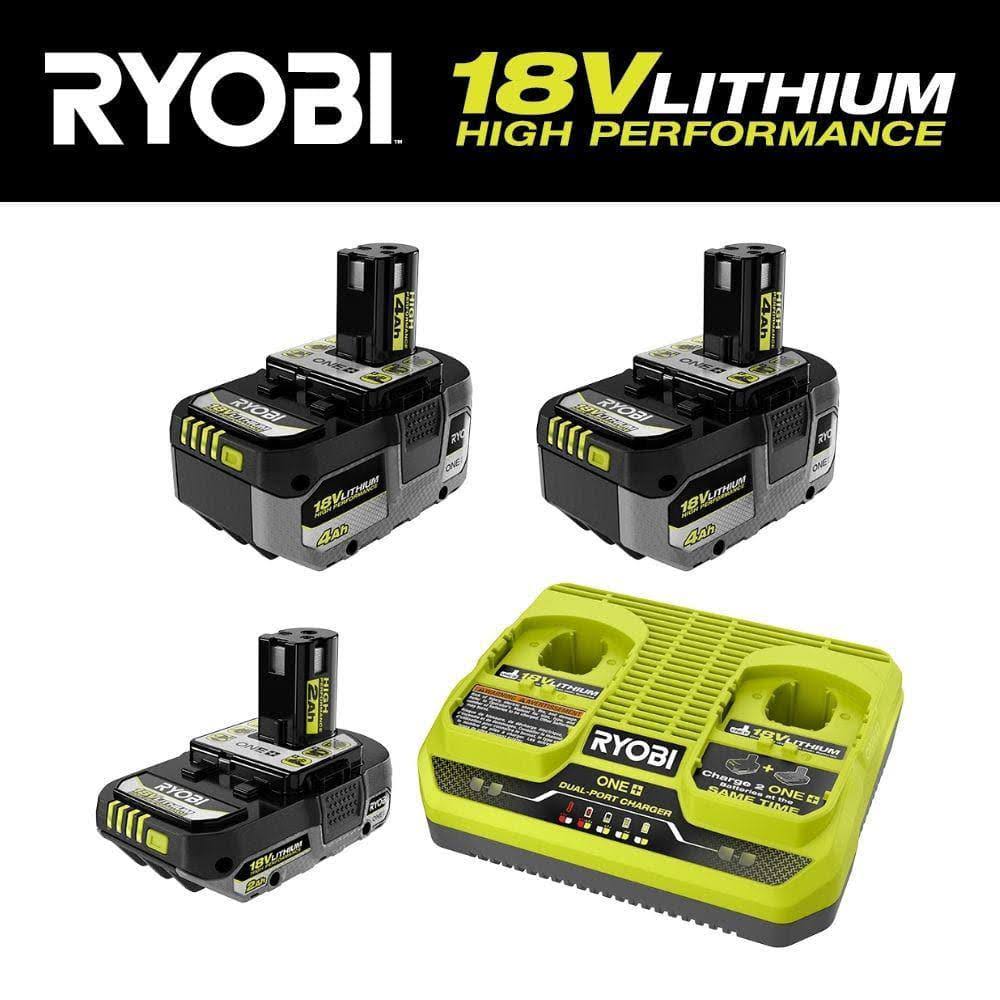 One+ HP 18V (2) 4.0 Ah High Performance Batteries, 2.0 Ah High Performance Battery, and Dual-Port Charger Starter Kit