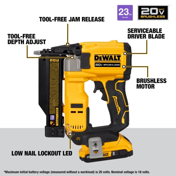 23 Gauge 112 ATOMIC Compact Series 20V MAX Brushless Cordless Pin Nailer Kit 2.0 Ah - MadeInUSA