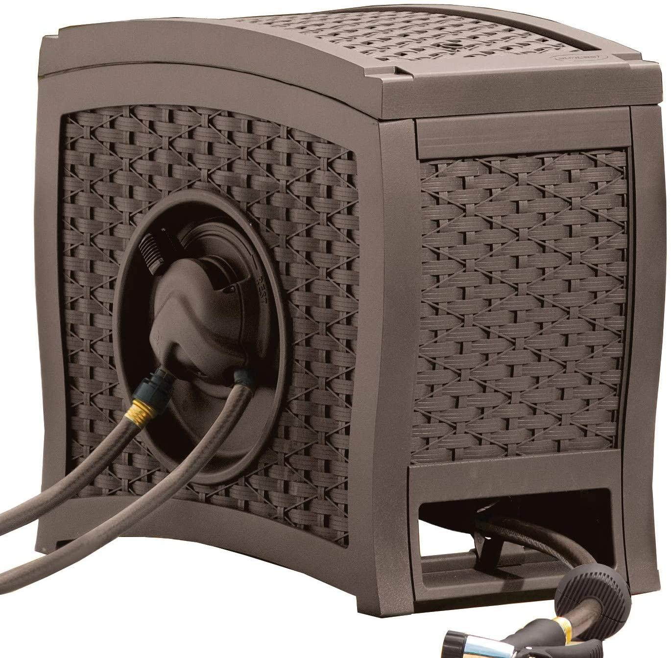 Suncast Aquawinder 125' Wicker Garden Hose Reel � Lightweight Portable Hands � Free Water Powered Retractable Hose Reel � Java