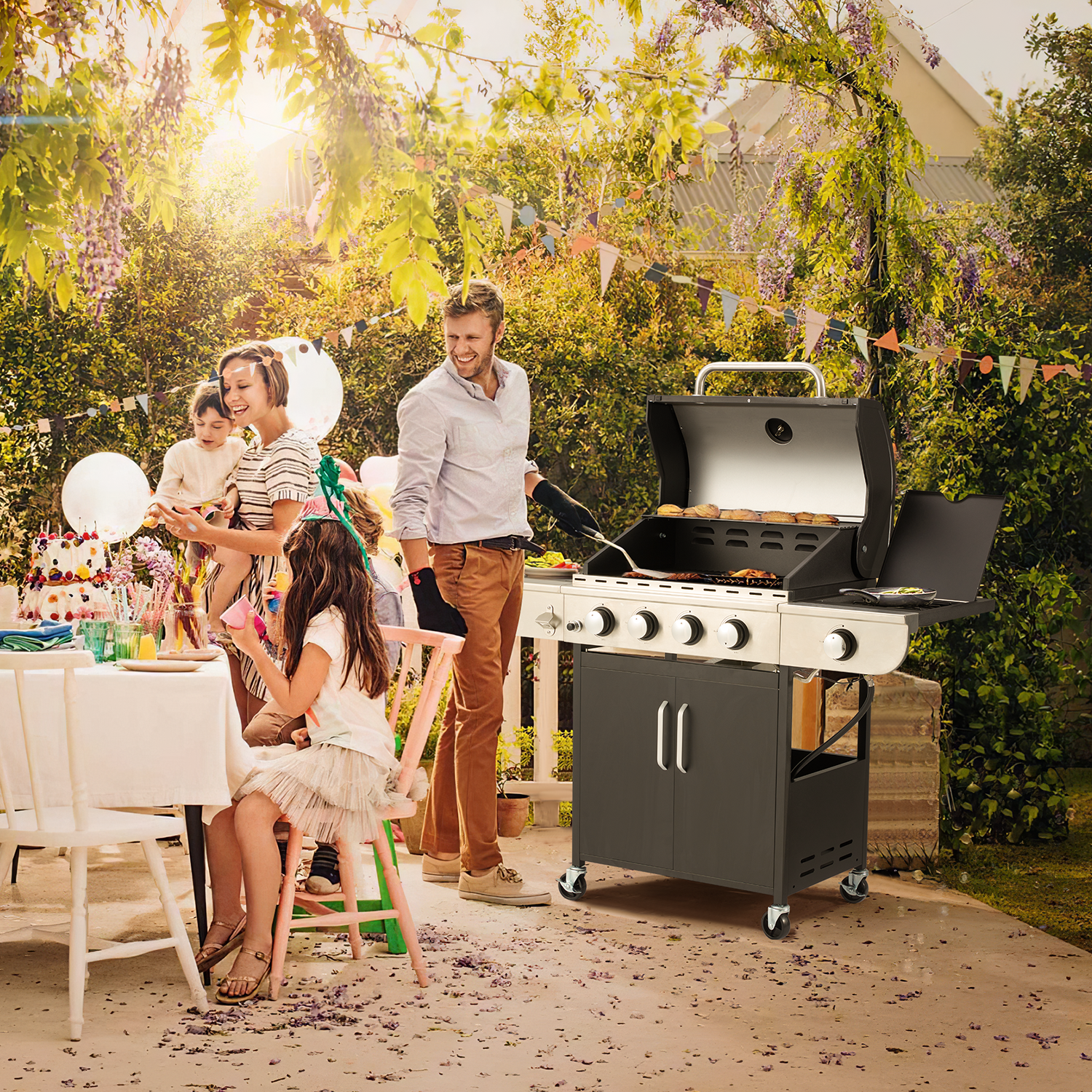 4 Burner Gas Grill.36000 BTU BBQ Propane Stainless Steel with Side Table for Patio Garden