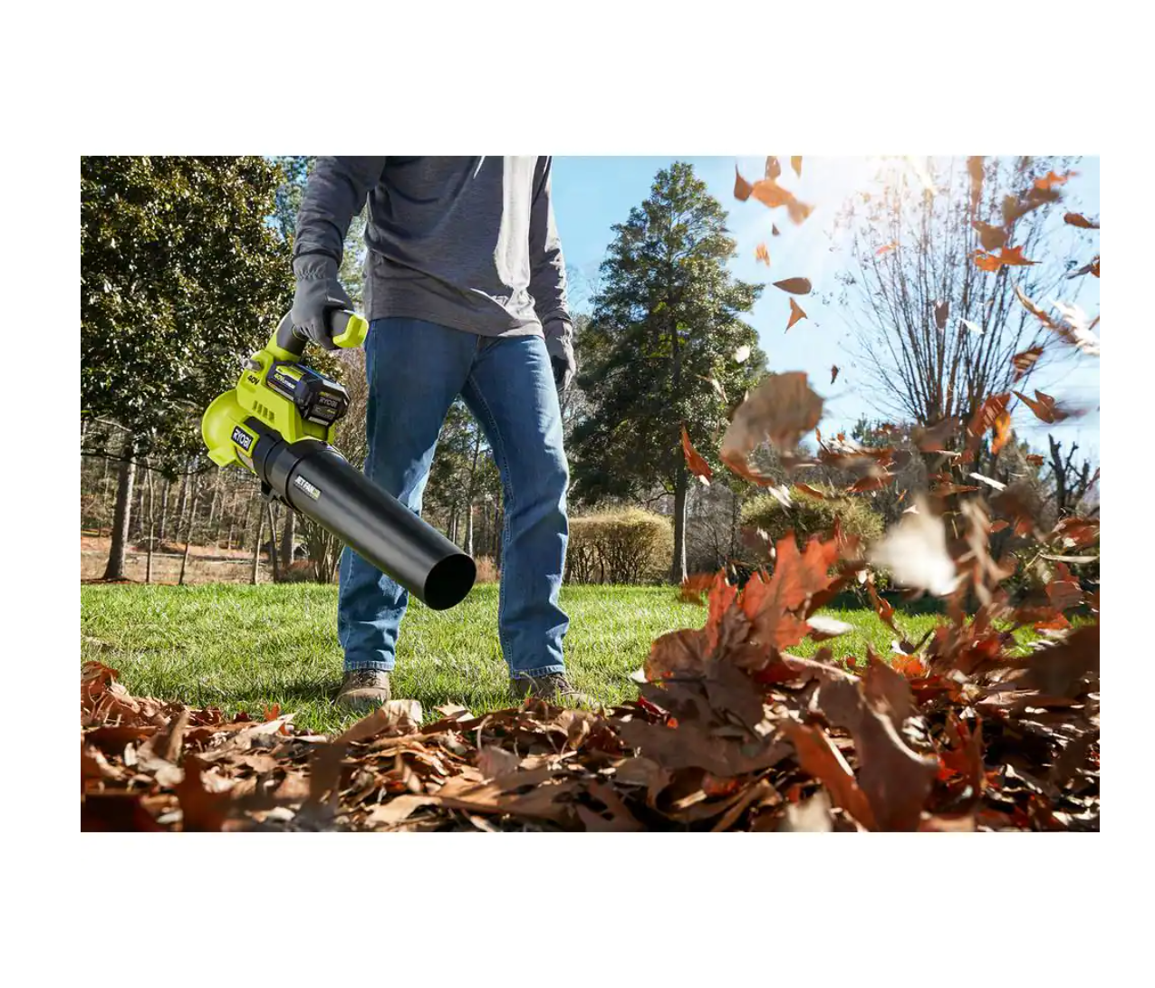 RYOBI RY40451BL 40V Cordless 110 MPH 525 CFM Cordless Leaf Blower and Cordless Leaf VacuumMulcher w 2 Batteries and 2 Chargers - MadeInUSA