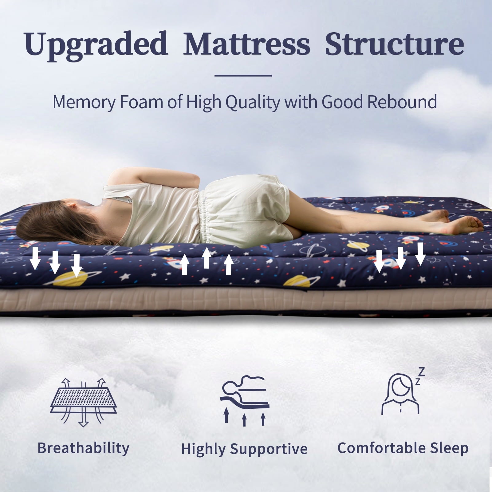 Thick Futon Floor Mattress. Memory foam Padded Japanese Floor Mattress. Navy Space. Twin