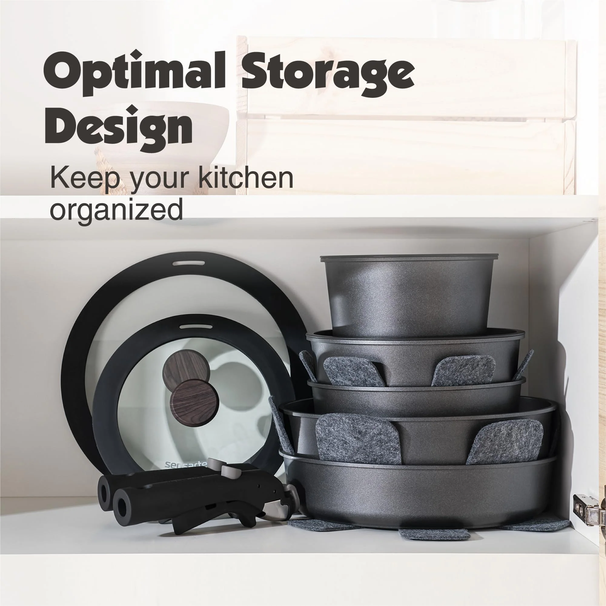 SENSARTE 17 Piece Pots and Pans Set. Detachable Handle Cookware