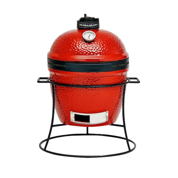 Joe Jr. 13.5 in. Portable Charcoal Grill in Red with Cast Iron Cart. Heat Deflectors and Ash Tool