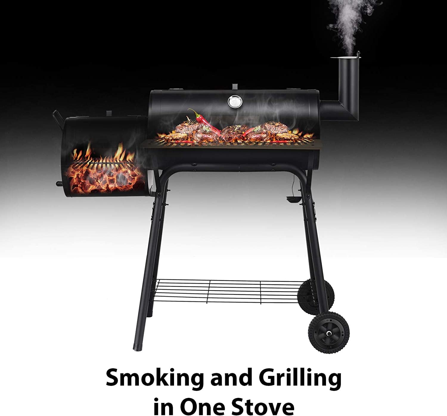 Outdoor Portable BBQ Charcoal Grill with Offset Smoker. Black