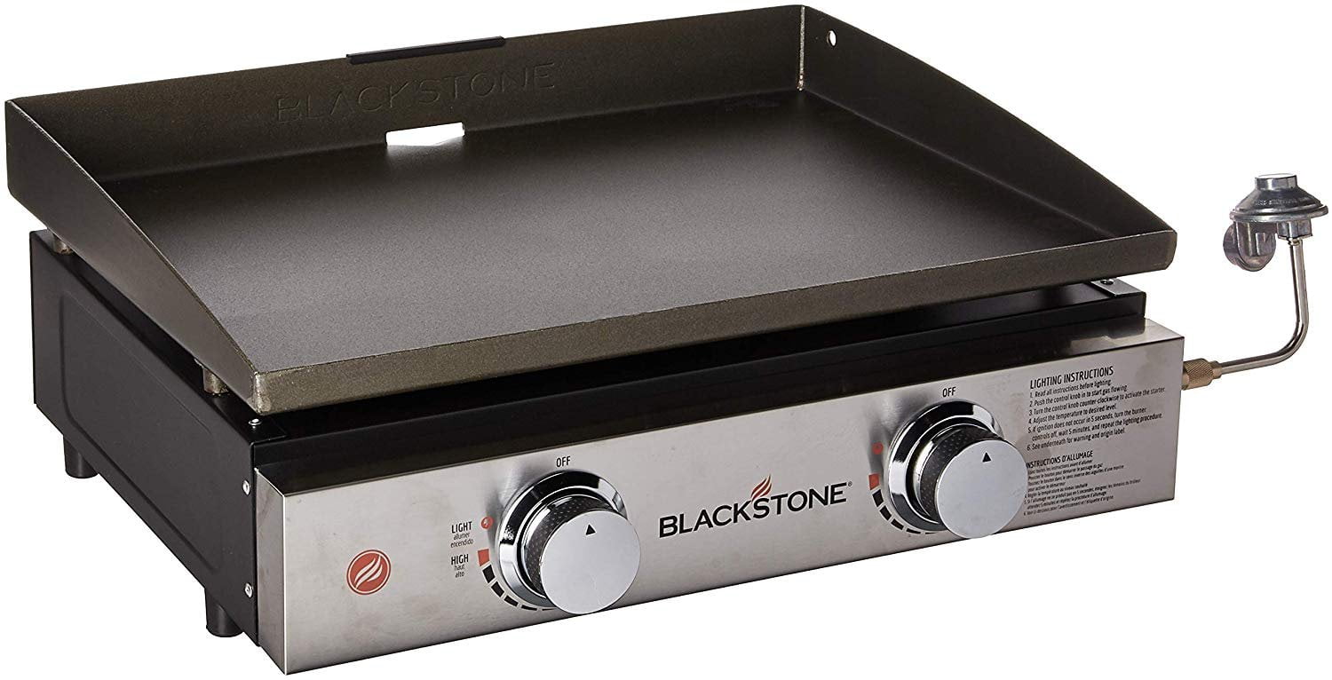 Tabletop Grill - 22 Inch Portable Gas Griddle - Propane Fueled - 2 Adjustable Burners - Rear Grease Trap - For Outdoor Cooking While Camping. Tailgating or Picnicking - Black