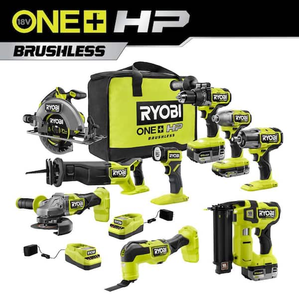 ONE+ HP 18V Brushless Cordless 8-Tool Combo Kit with (2) Batteries. Charger. and Bag with FREE 18-Gauge Brad Nailer Kit