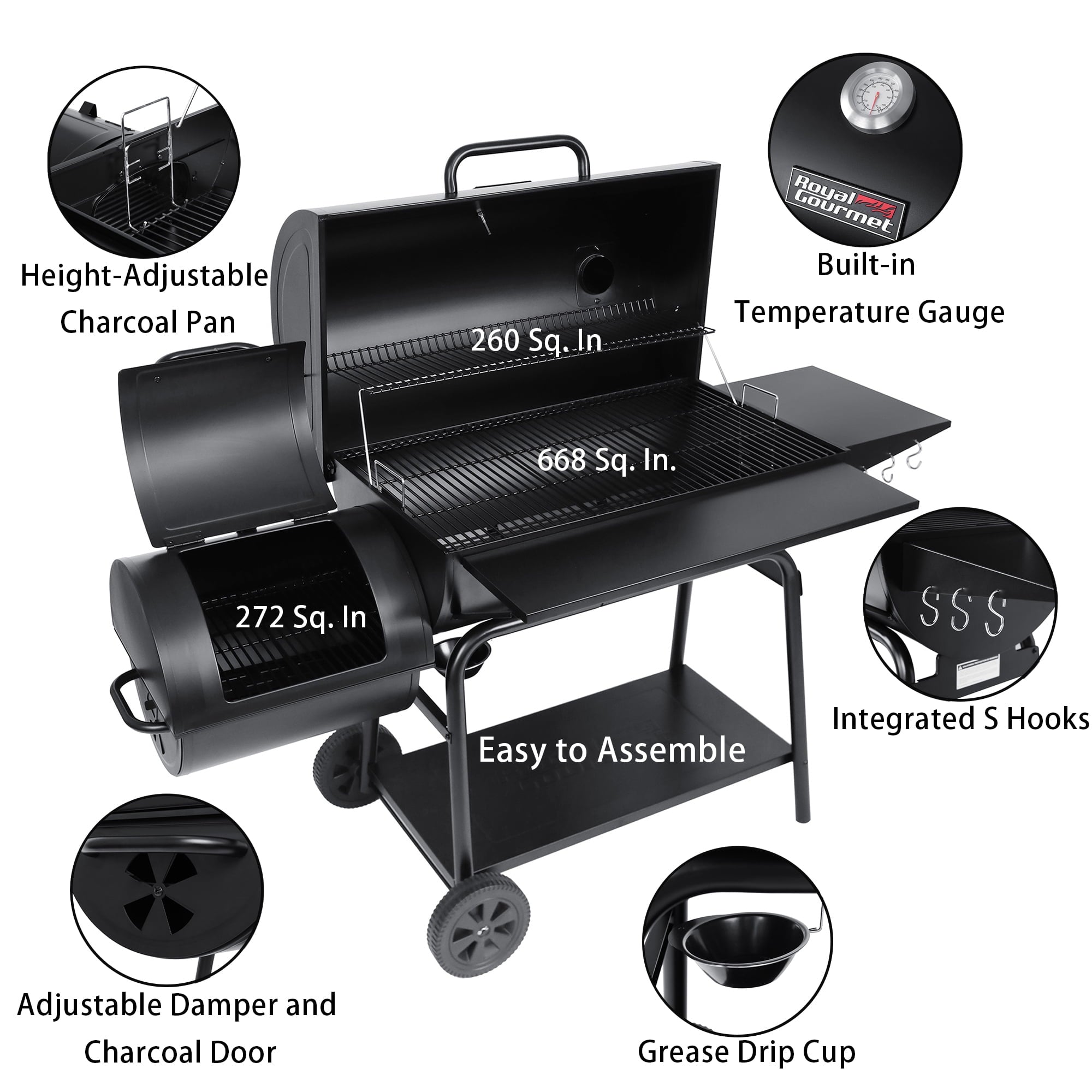 Gourmet CC2036F 36 Charcoal Barrel Grill with Offset Smoker