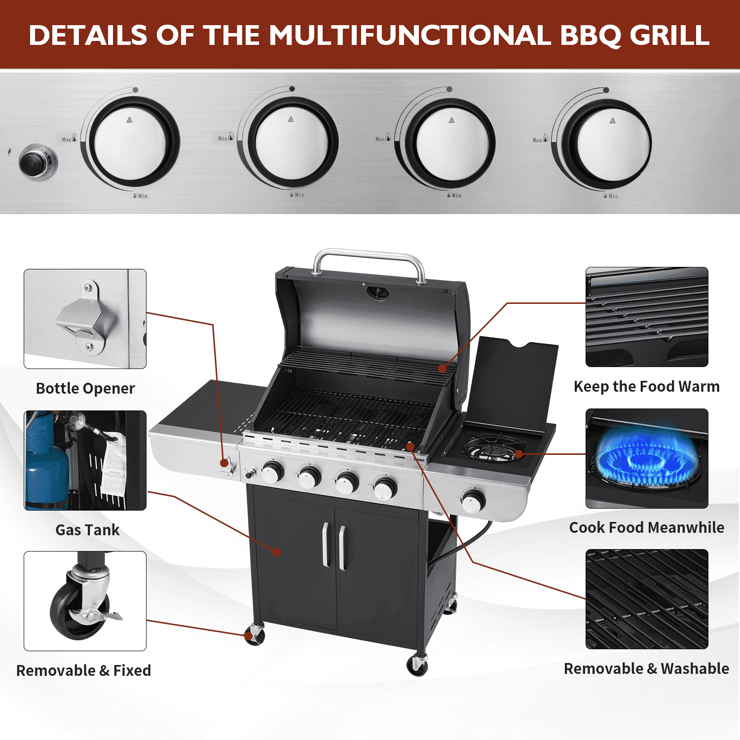4 Burner Gas Grill.36000 BTU BBQ Propane Stainless Steel with Side Table for Patio Garden