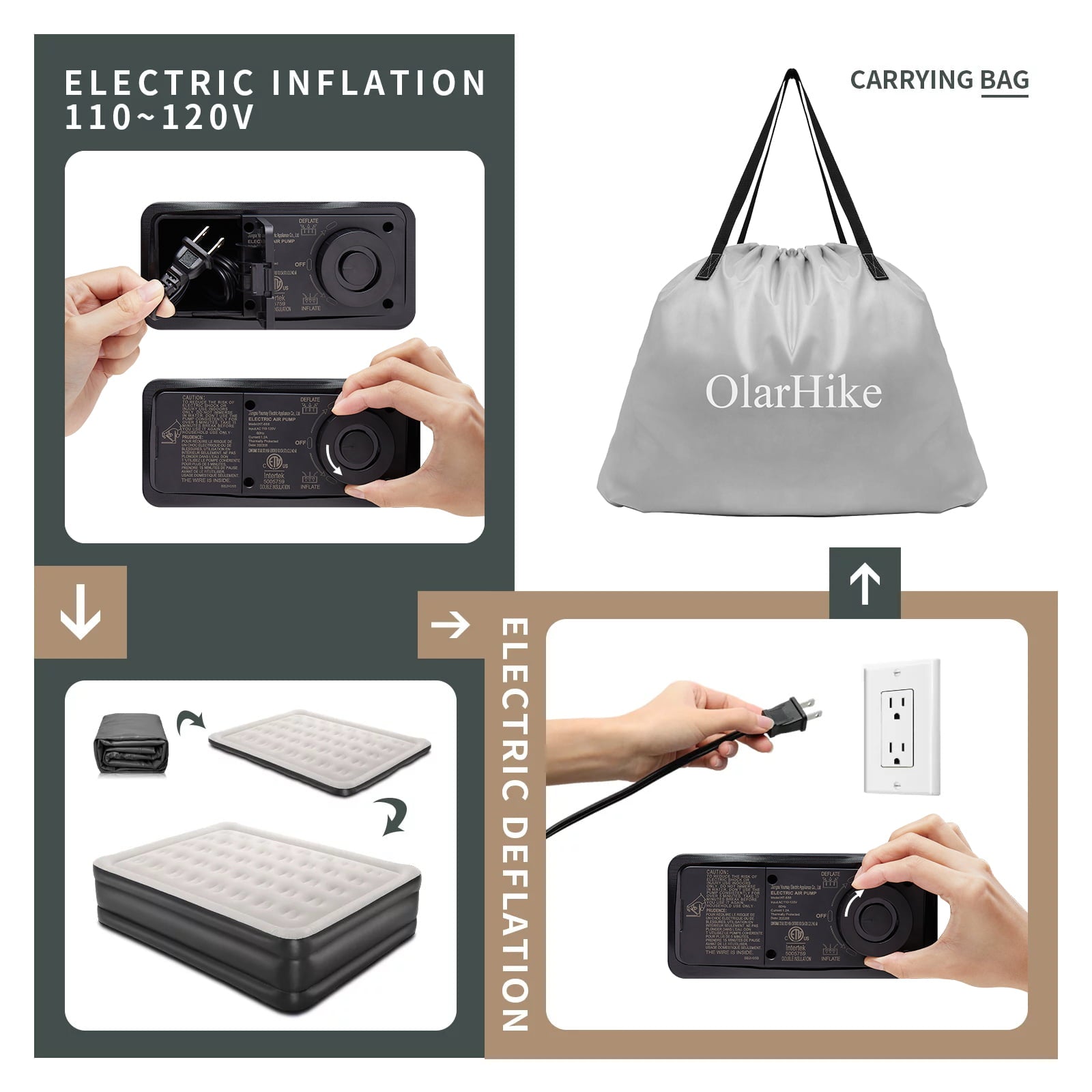 US 18 inch Queen Size Air Mattress with Built-in-Pump. Black