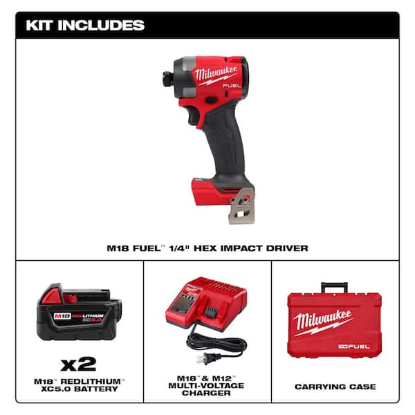 M18 Fuel 18-V Lithium-Ion Brushless Cordless 1/4 in. Hex Impact Driver Kit w/(3) 5.0 Ah Batteries. Charger & Hard Case