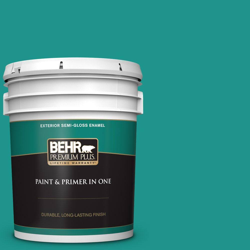 BEHR Premium Plus 5 gal. #S-G-490 Intense Teal Semi-Gloss Enamel Exterior Paint & Primer