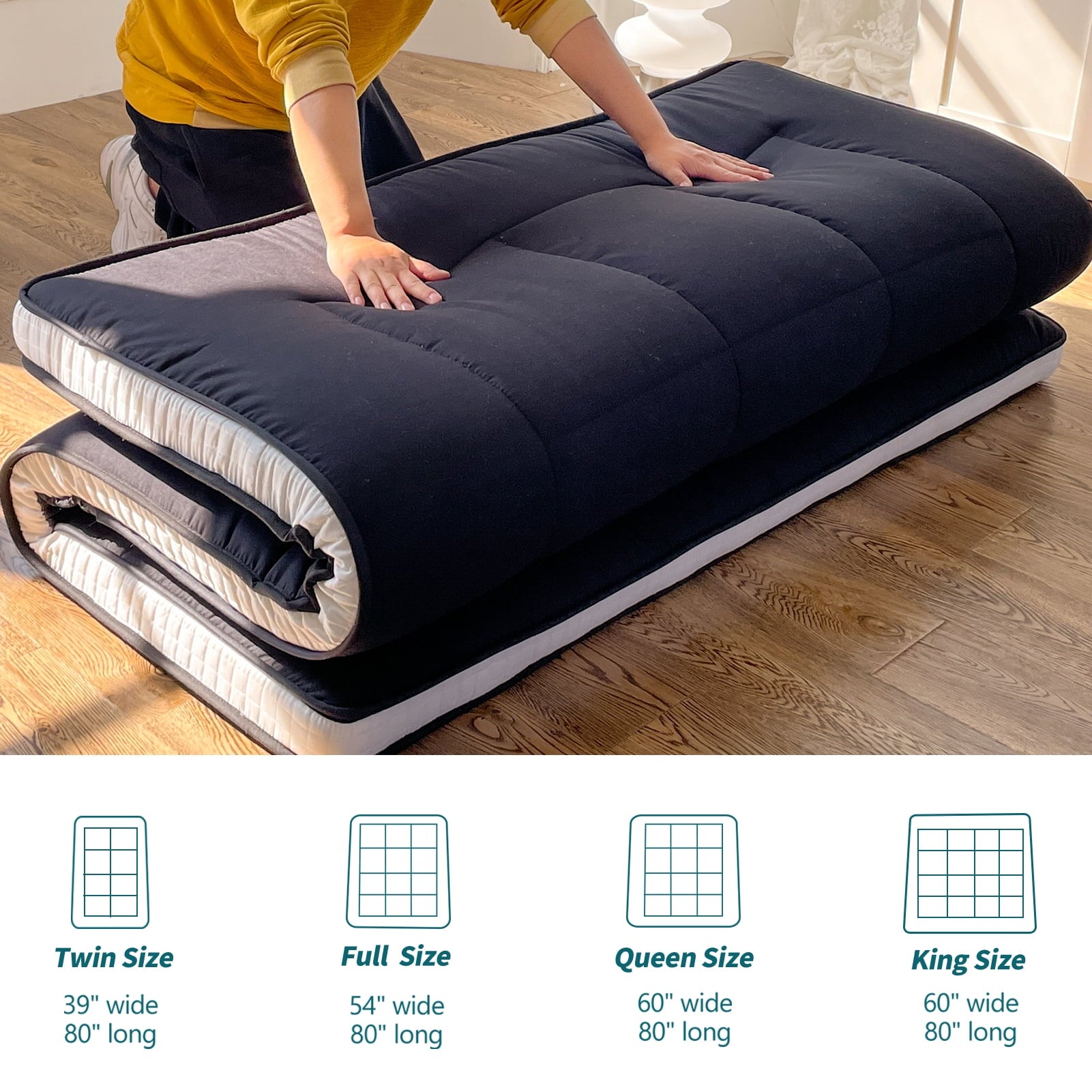 Mattress. Padded Japanese Floor Mattress Quilted Bed Mattress Topper. Extra Thick Folding Sleeping Pad with Bandage and Storage Bag. Twin Size