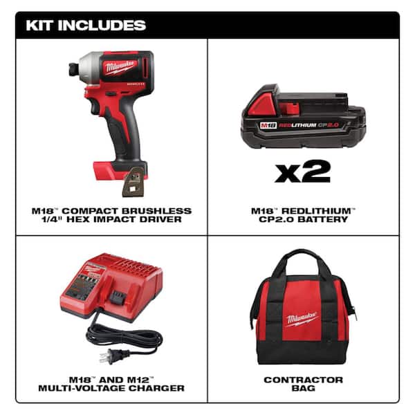 M18 18V Lithium-Ion Brushless Cordless 1/4 in. Impact Driver Kit with Two 2.0 Ah Batteries. Charger and Soft Case
