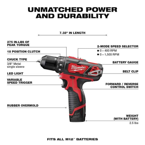 M12 12V Lithium-Ion Cordless 3/8 in. Drill/Driver Kit with Two 1.5 Ah Batteries. Charger and Tool Bag