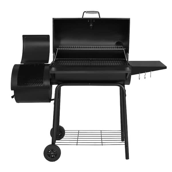 Charcoal Grill in Black with Offset Smoker and Side Table