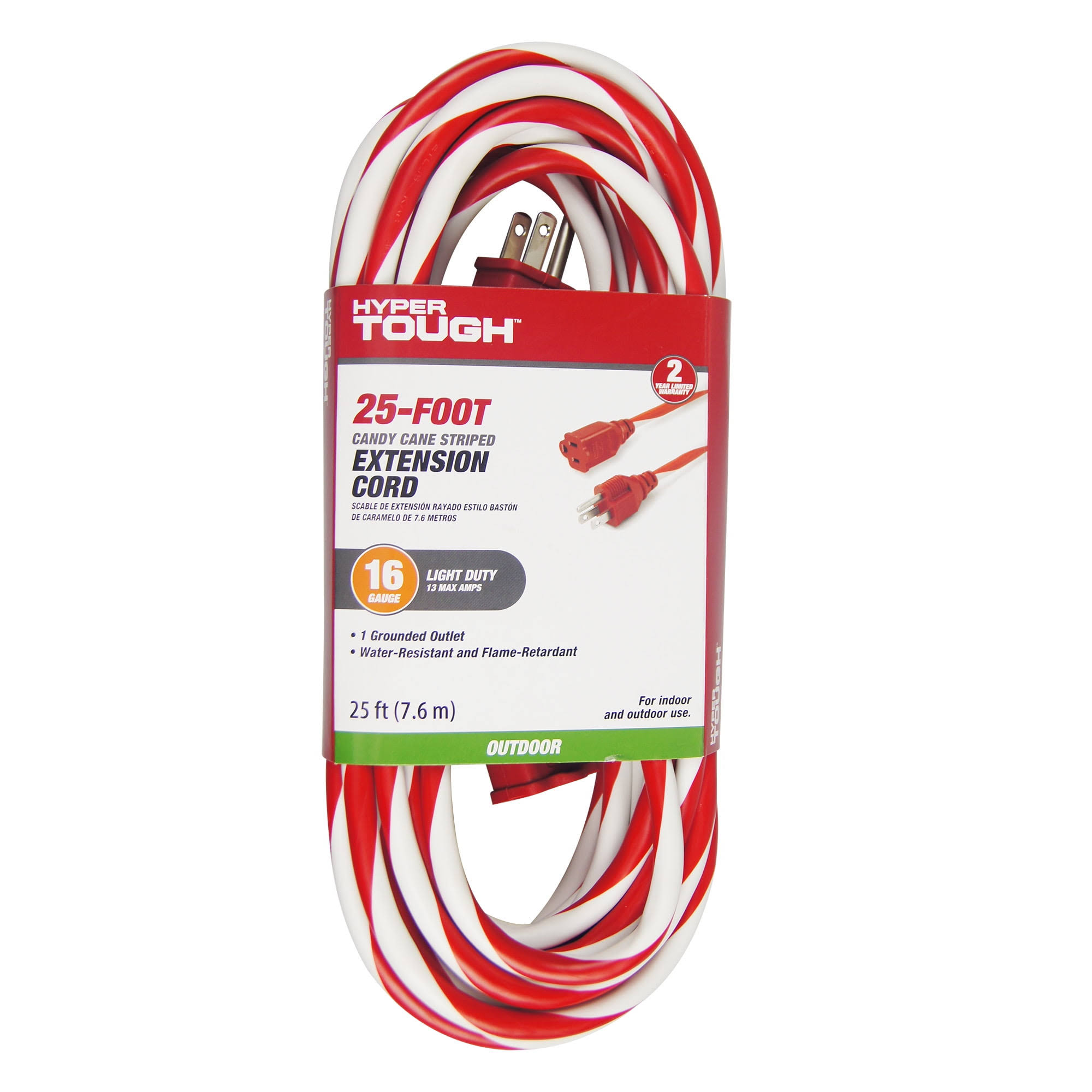 Hyper Tough 1 Outlet Candy Cane Extension Cord - Red & White - 25'