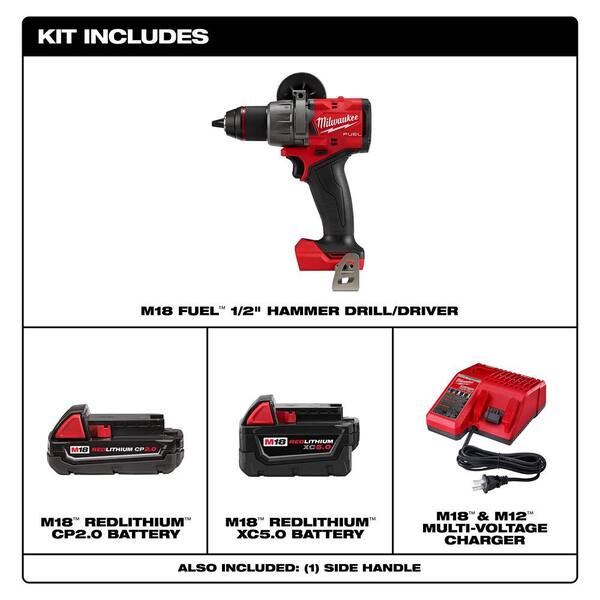 M18 FUEL 18V Lithium-Ion Brushless Cordless 1/2 in. Hammer Drill/Driver w/One 5.0 Ah and One 2.0 Ah Battery and Charger