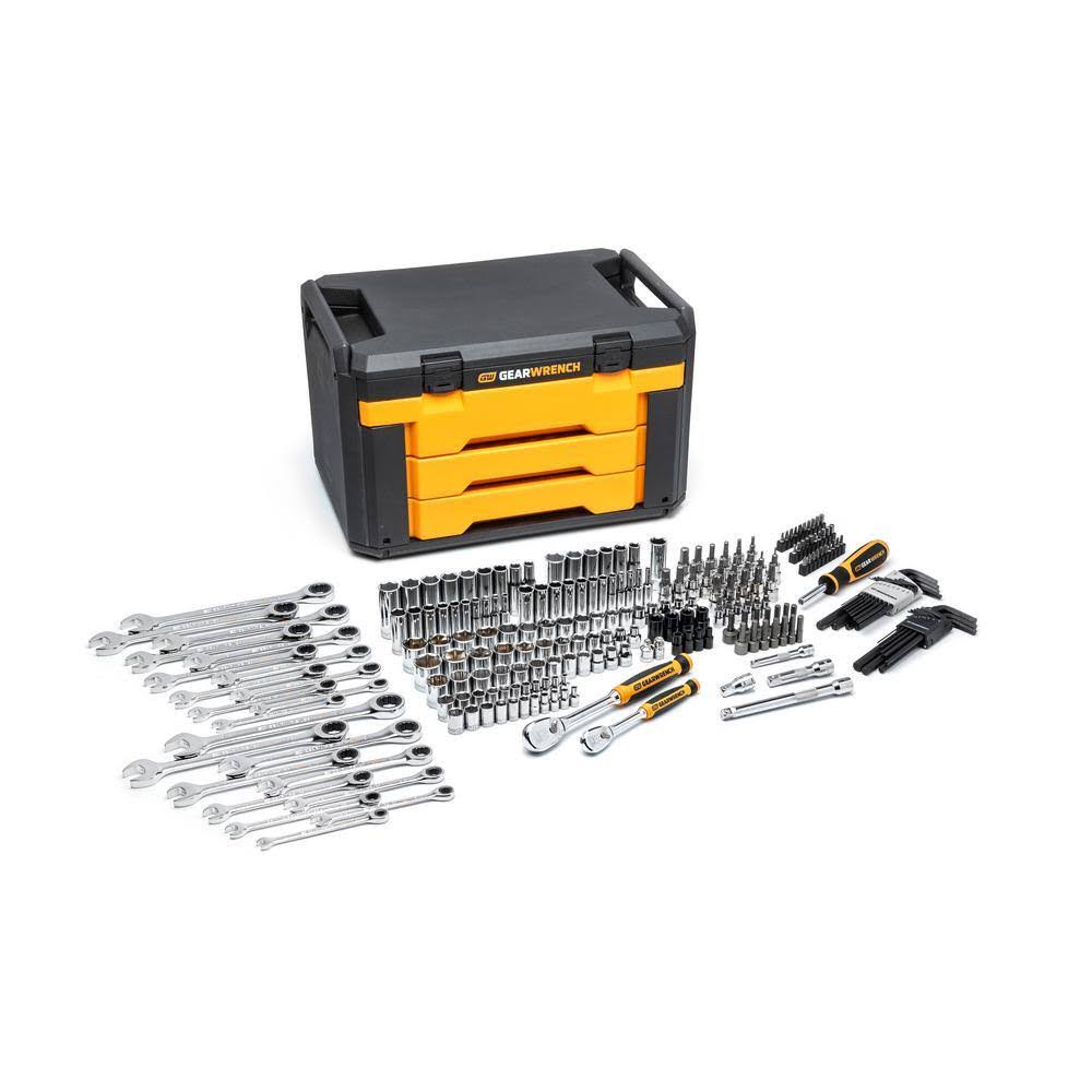 GearWrench 1/4 in. and 3/8 in. Drive 90-Tooth Standard and Deep SAE/Metric Mechanics Tool Set in 3-Drawer Storage Box (232-Piece)
