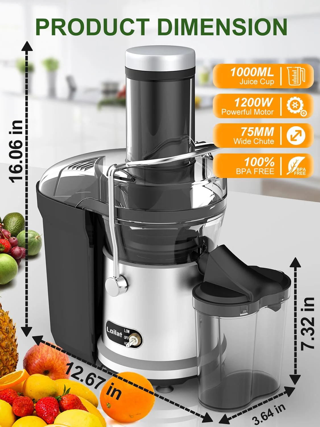 Loilat 1200W Juicer Machine with 3 Feed Chute